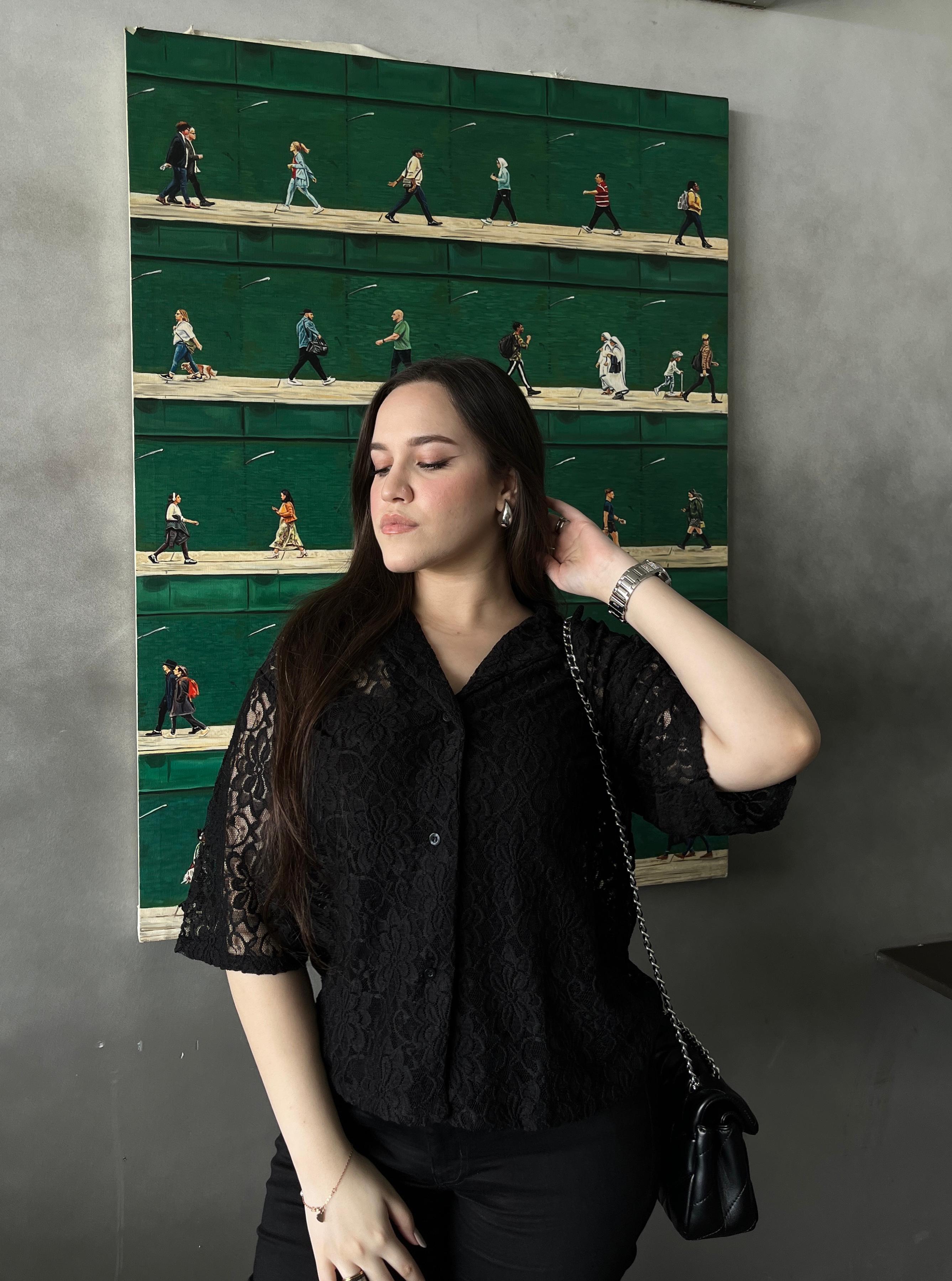 Black Net Boxy Button Down