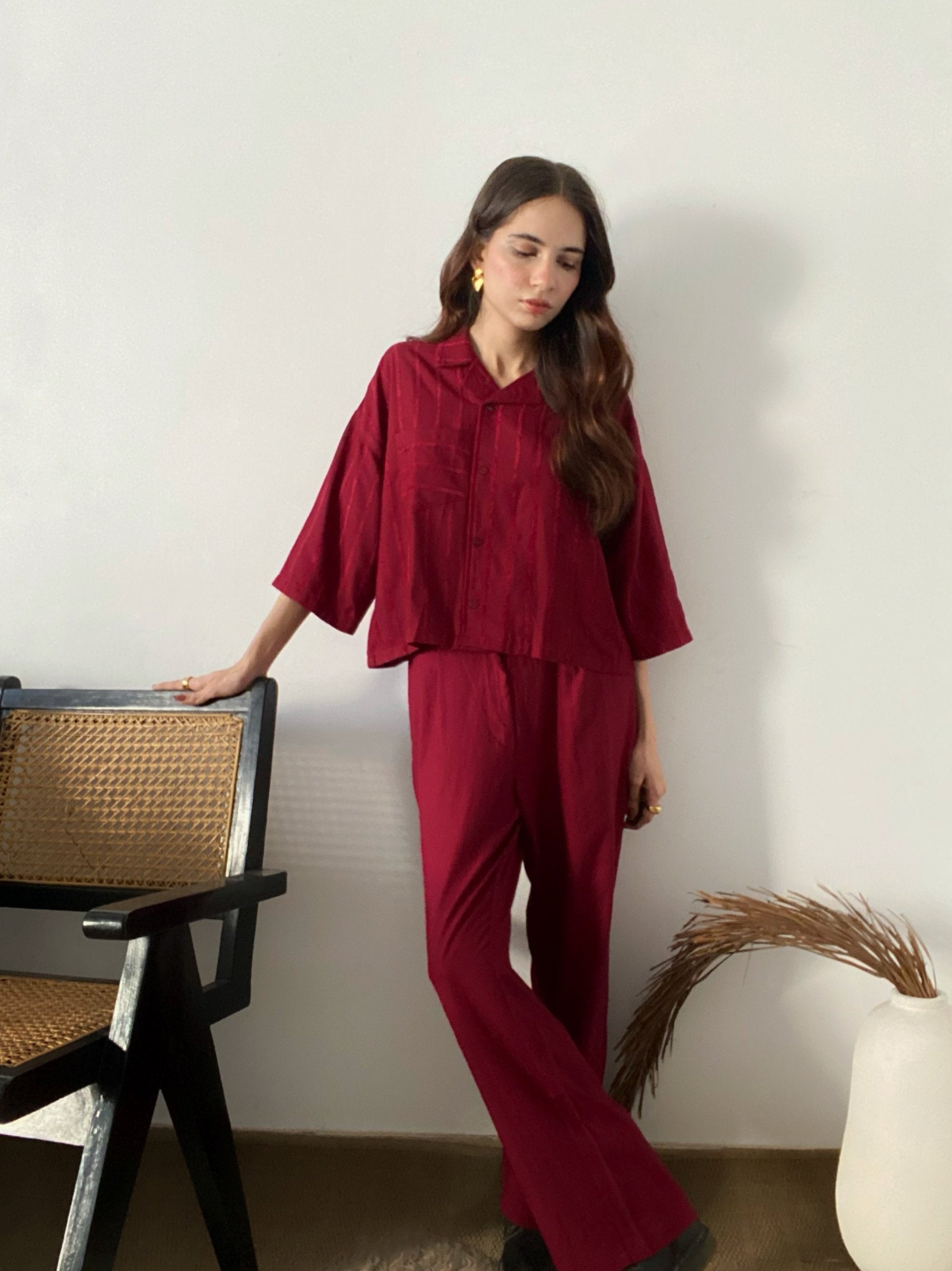 Deep Red Drop Shoulder Co-ord Set